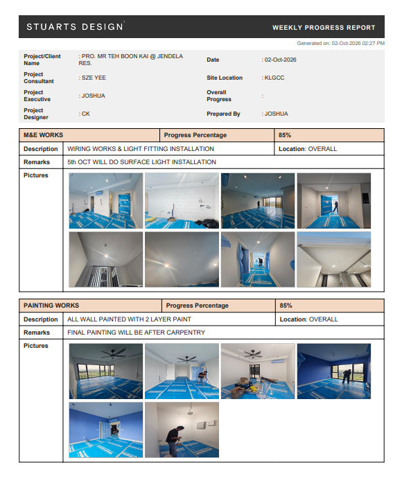 TOTG generated weekly progress report with site photos
